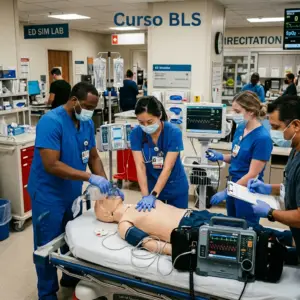 Medical team performing CPR on a manikin in an emergency simulation lab